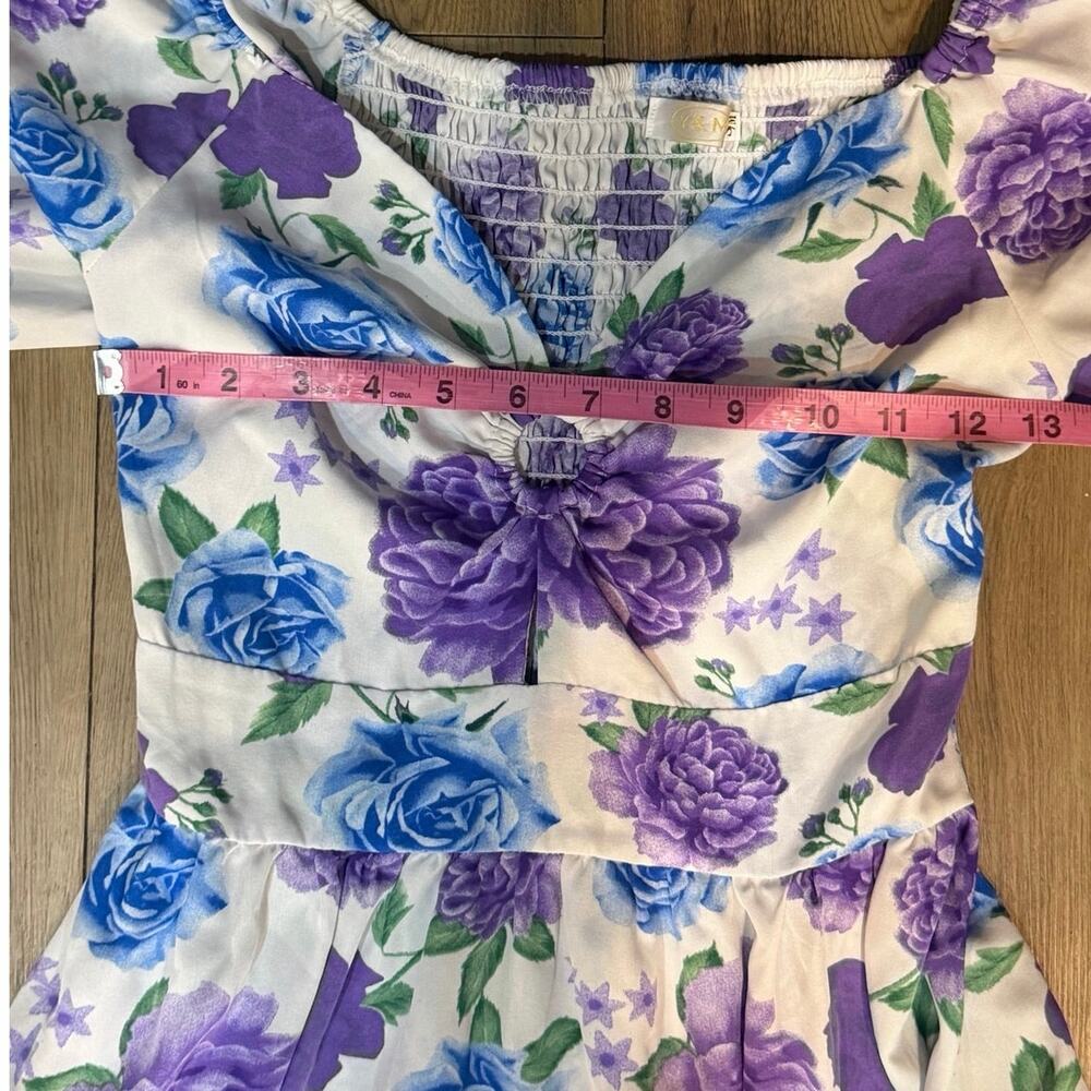 Y&M Floral Maxi Dress Womens S/M Blue Purple Roses Smocked Keyhole Puff Sleeve - Picture 5 of 8